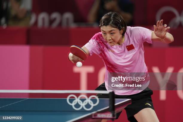 Chen Meng of Team China in action during her Women's Singles Gold Medal match on day six of the Tokyo 2020 Olympic Games at Tokyo Metropolitan...