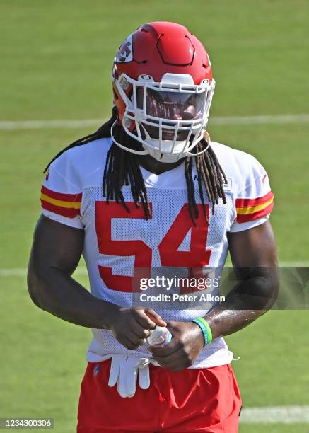 Linebacker Nick Bolton of the Kansas City Chiefs looks on during training camp at Missouri Western State University on July 29, 2021 in St Joseph,...
