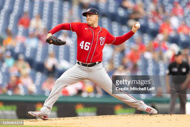 Patrick Corbin of the Washington Nationals throws a pitch in the bottom of the first inning against the Philadelphia Phillies during Game Two of the...