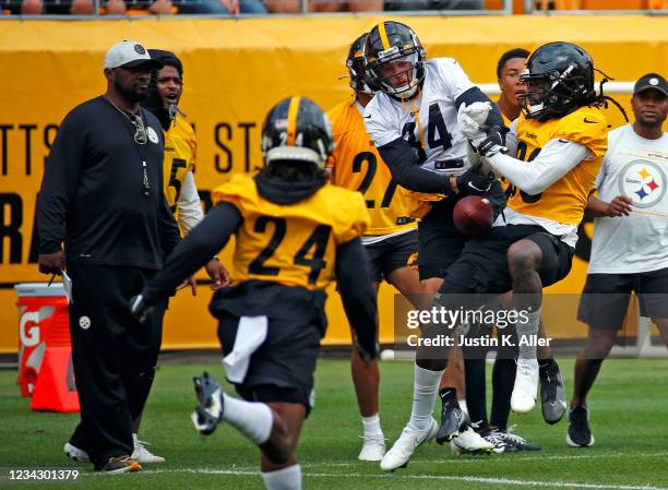 Mike Tomlin looks on while Rico Bussey of the Pittsburgh Steelers battles for a ball against Minkah Fitzpatrick of the Pittsburgh Steelers during...