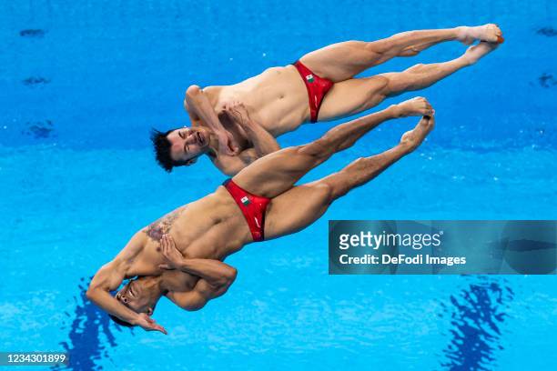 Yahel Castillo Huerta of Mexico and Juan Manuel Celaya Hernandez of Mexico compete during the Men's Synchronised 3m Springboard Final on day five of...