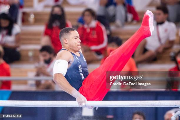 Joe Fraser of Great Britain competes at the parallel Bars during Artistic Gymnastics on day five of the Tokyo 2020 Olympic Games at Ariake Gymnastics...