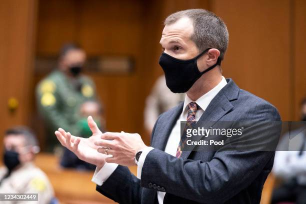 Deputy district attorney Paul Thompson delivers a speech in court during a pre-trial hearing for Weinstein, who was extradited from New York to Los...
