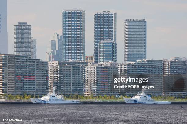 Tokyo 2020 Olympic Village on Harumi Island flanked by Japan Coast Guard ship on day 7 of the Tokyo 2020 Olympic games.