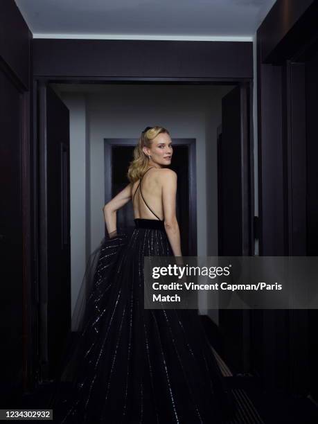 Actor Diane Kruger is photographed for Paris Match wearing an Armani dress and Chaumet jewelry at the 74th Cannes Festival on July 7, 2021 in Cannes,...