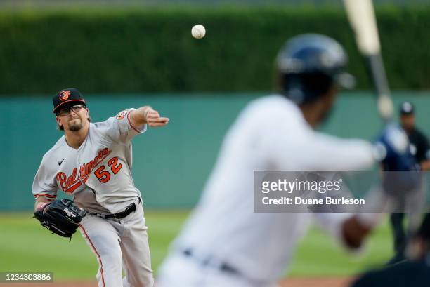 Alexander Wells of the Baltimore Orioles pitches against the Detroit Tigers during the second inning at Comerica Park on July 29 in Detroit, Michigan.