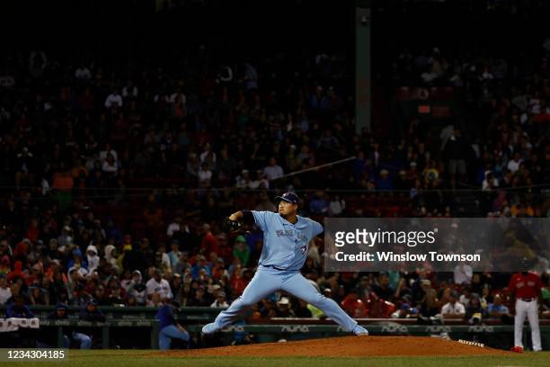Hyun Jin Ryu of the Toronto Blue Jays pitches against the Boston Red Sox during the fifth inning at Fenway Park on July 29, 2021 in Boston,...