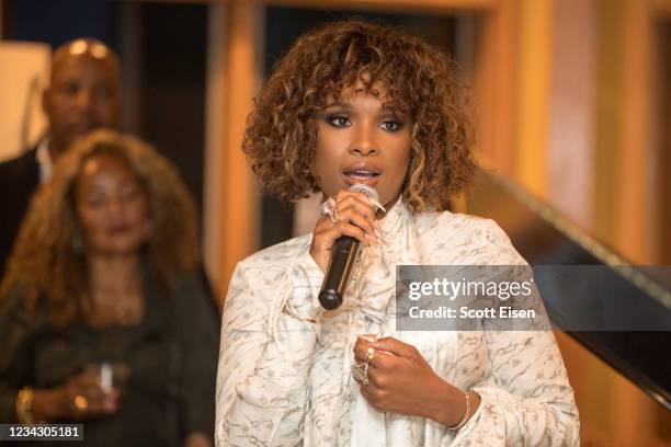 Jennifer Hudson speaks at the "RESPECT" reception on July 29, 2021 in Edgartown, Massachusetts.