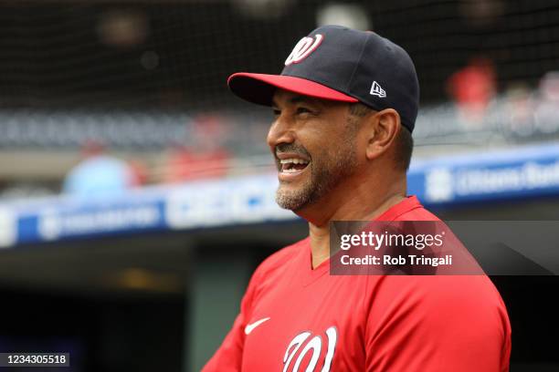 Manager Dave Martinez of the Washington Nationals smiles before Game One of the doubleheader between the Washington Nationals and the Philadelphia...