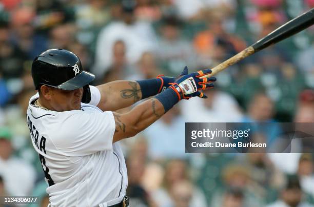 Miguel Cabrera of the Detroit Tigers hits his 2,937th hit during the first inning of a game against the Baltimore Orioles at Comerica Park on July 29...