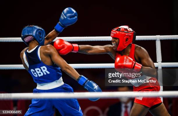 Tokyo , Japan - 30 July 2021; Rashida Ellis of United States, right, and Caroline Dubois of Great Britain during their women's lightweight round of...