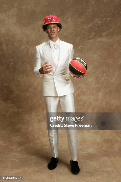 Jalen Johnson poses for a portrait after being drafted by the Atlanta Hawks during the 2021 NBA Draft on July 29, 2021 at Barclays Center in...