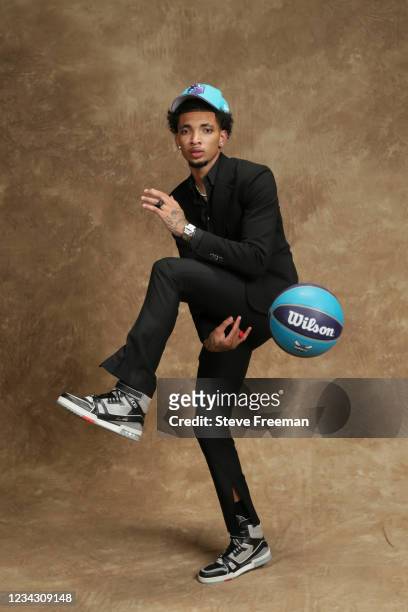 James Bouknight poses for a portrait after being drafted by the Charlotte Hornets during the 2021 NBA Draft on July 29, 2021 at Barclays Center in...