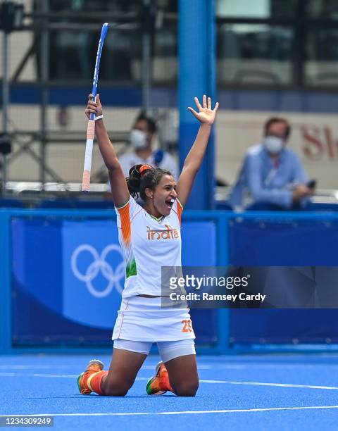 Tokyo , Japan - 30 July 2021; Rani of India celebrates assisting her side's first goal during the women's pool A group stage match between Ireland...