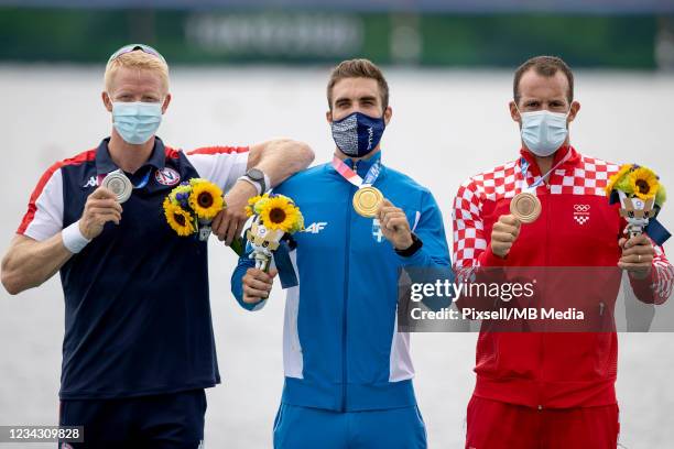 Silver medalist Kjetil Borch of Team Norway, gold medalist Stefanos Ntouskos of Team Greece and bronze medalist Damir Martin of Team Croatia pose...