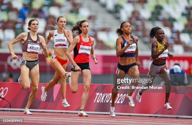 Tokyo , Japan - 30 July 2021; Renelle Lamote of France, second right, on her way to winning heat 1 of the women's 800 metres at the Olympic Stadium...