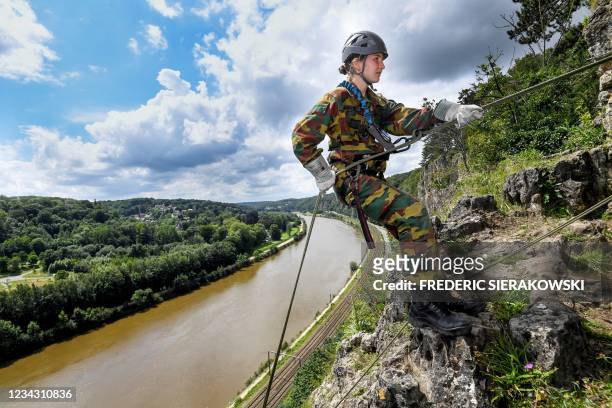 This photograph taken on July 26, 2021 shows Belgium's Crown Princess Elisabeth attending a three-day training camp at the Training Center Commando,...