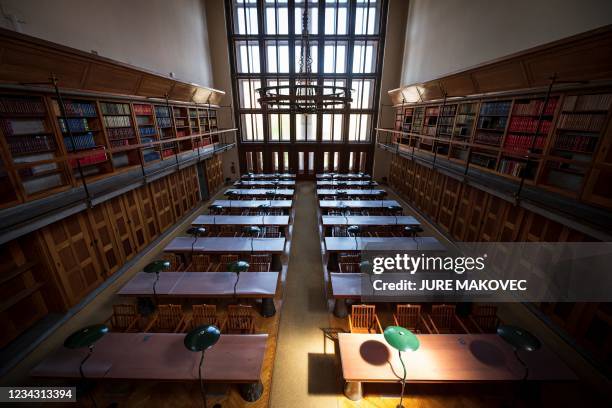 Picture taken on July 29, 2021 shows a view of the main reading room at the Slovene National and University Library, designed by Slovenian architect...