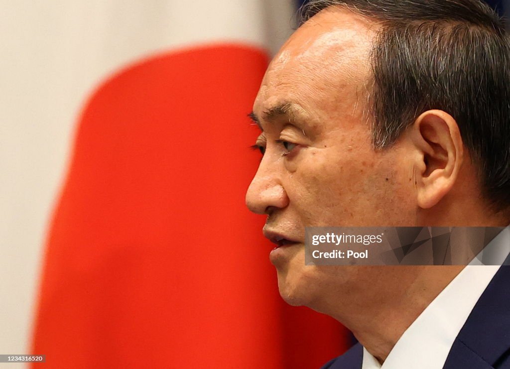 Japan's Prime Minister Holds Weekly Press Conference As Coronavirus Cases Surge In Tokyo