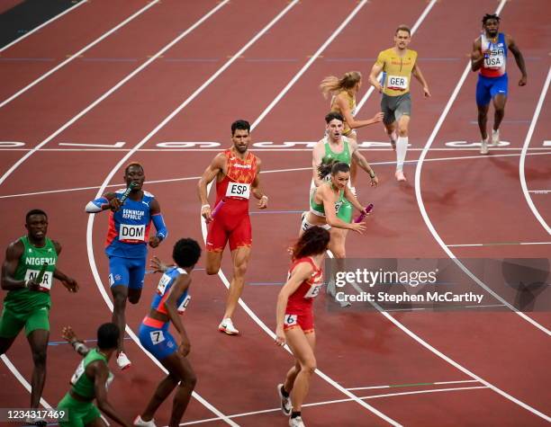 Tokyo , Japan - 30 July 2021; Cillin Greene and Phil Healy in action during the 4x400 metre mixed relay at the Olympic Stadium during the 2020 Tokyo...