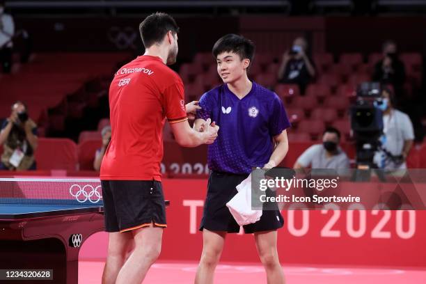 Dimitrij Ovtcharov defeats Lin Yun Ju during the Men's Table Tennis Singles Bronze Medal Match between Lin Yun Ju of Chinese Taipei and Dimitrij...