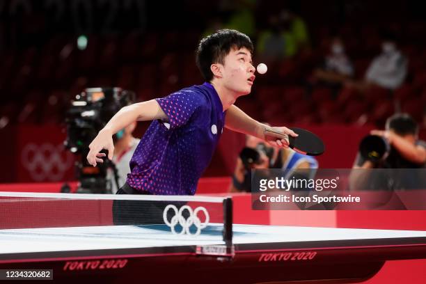 Lin Yun Ju serves during the Men's Table Tennis Singles Bronze Medal Match between Lin Yun Ju of Chinese Taipei and Dimitrij Ovtcharov of Germany on...