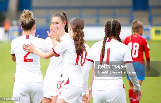 Caitlin Smith, Lucy O'Brien and Lucy Watson of England celebrate after a shot from Maisie Symonds is deflected in for a goal during the England...