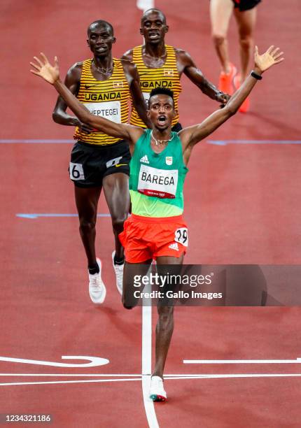 Selemon Barega of Team Ethiopia wins the mens 10000m final during the Athletics event on Day 7 of the Team Tokyo 2020 Olympic Games at the Olympic...