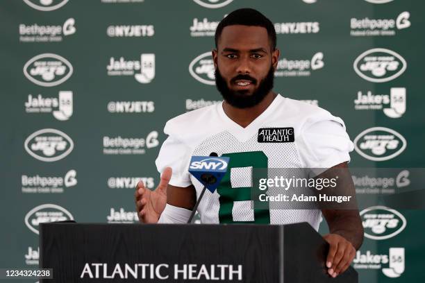 Elijah Moore of the New York Jets speaks with the media at Atlantic Health Jets Training Center on July 30, 2021 in Florham Park, New Jersey.