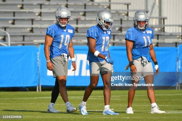 Detroit Lions Amon-Ra St. Brown wide receiver , Detroit Lions Victor Bolden wide receiver , and Detroit Lions Kalif Raymond wide receiver queue up...