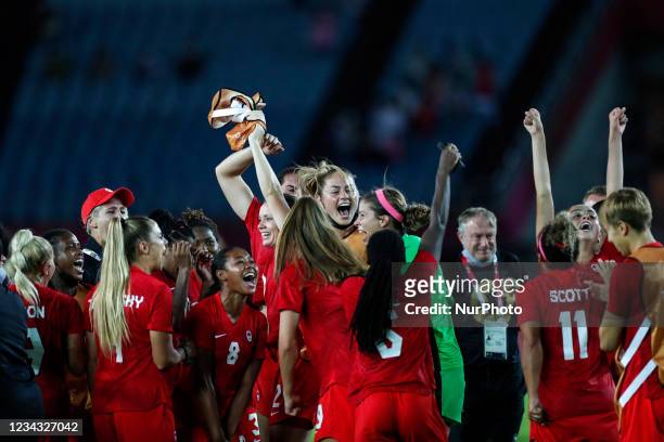 Team Canada celebrates victory after Stephanie Labbe saving, the Team Brazil fifth penalty taken by Rafaelle in a penalty shoot out during the...