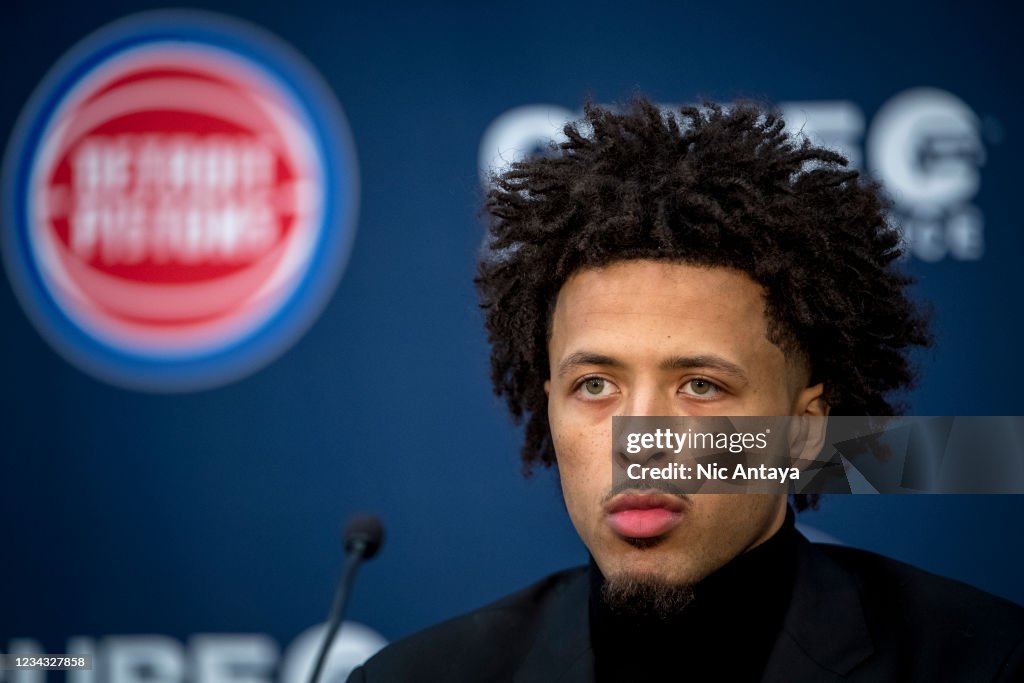 Detroit Pistons draft pick Cade Cunningham looks on during the press