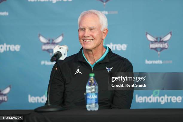 President of Basketball Operations and General Manager Mitch Kupchak of the Charlotte Hornets talks to the media during the press conference on July...