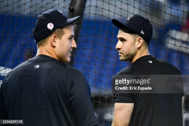 Anthony Rizzo and Joey Gallo of the New York Yankees during batting practice before the game against the Miami Marlins at loanDepot park on July 30,...