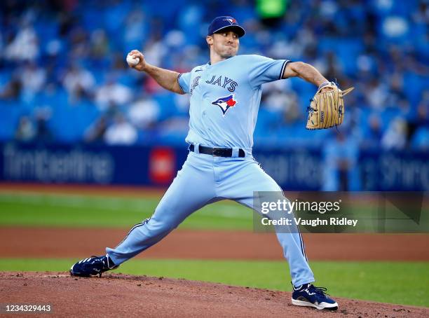 Ross Stripling of the Toronto Blue Jays delivers a pitch in the first inning during a MLB game against the Kansas City Royals at Rogers Centre on...