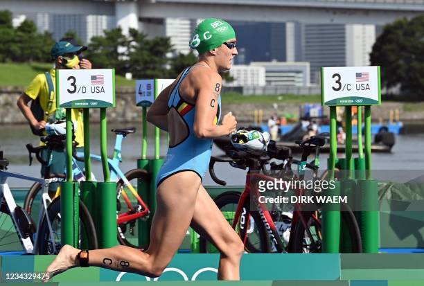 Belgian Valerie Barthelemy pictured in action during the swimming part of the triathlon mixed relay race on the ninth day of the 'Tokyo 2020 Olympic...