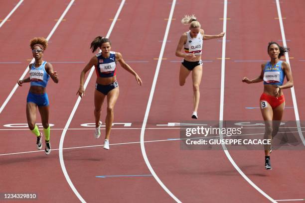 Italy's Yadisleidis Pedroso, Norway's Amalie Iuel, Belgium's Hanne Claes and Colombia's Melissa Gonzalez compete in the women's 400m hurdles heats...