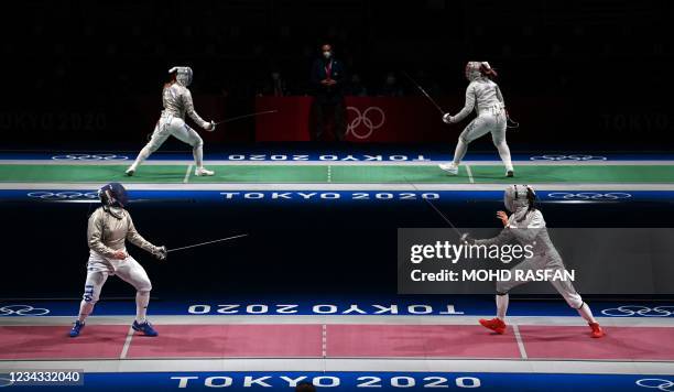 Italy's Martina Criscio compete against China's Qian Jiarui in the womens team sabre quarter-final bout during the Tokyo 2020 Olympic Games at the...