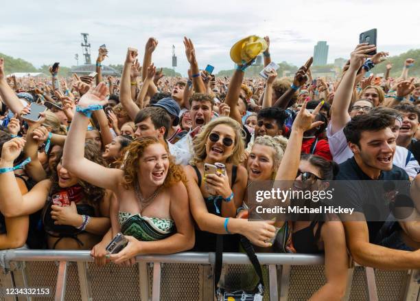 Festival-goers are seen on day two of Lollapalooza at Grant Park on July 30, 2021 in Chicago, Illinois.