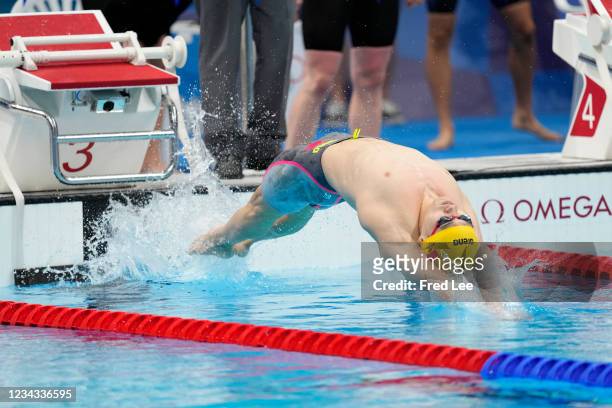 Jiayu Xu of Team China competes in the Mixed 4×100 metres medley relay on day eight of the Tokyo 2020 Olympic Games at Tokyo Aquatics Centre on July...