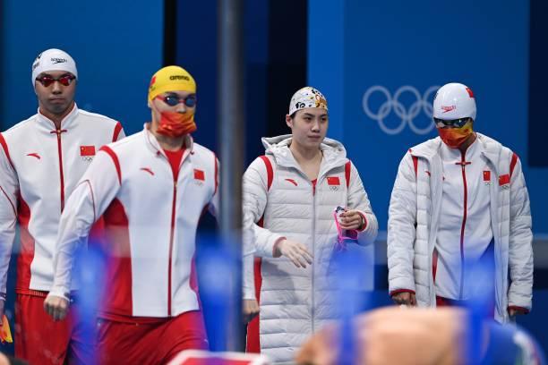 Xu Jiayu 2nd L, Yan Zibei 1st L, Zhang Yufei 2nd R and Yang Junxuan of China arrive for the mixed 4x100m medley relay final of swimming at the Tokyo...
