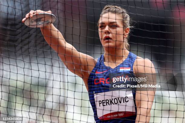 Sandra Perkovic of Team Croatia competes in the Women's Discus Throw Qualification on day eight of the Tokyo 2020 Olympic Games at Olympic Stadium on...