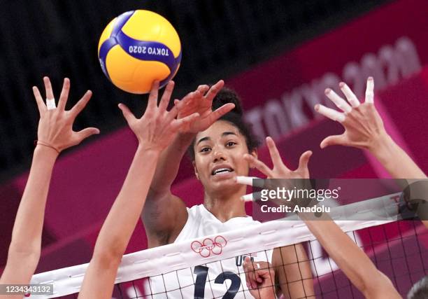 Arina Fedorovtseva of Russian Olympic Committee in action during the Women's Group B volleyball match between Russian Olympic Committee and USA held...