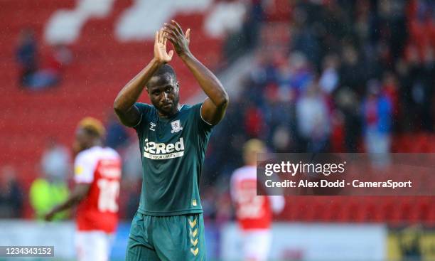 Middlesbroughs Sol Bamba applauds the fans during the Pre-Season Friendly match between Rotherham United and Middlesbrough at AESSEAL New York...