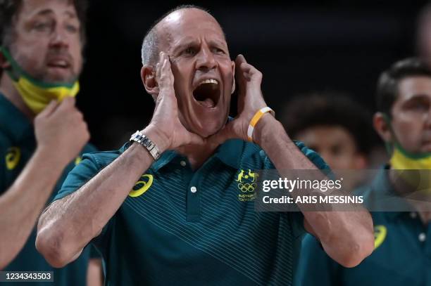 Australia's coach Henrik Roedl reacts from the sideline during the men's preliminary round group B basketball match between Australia and Germany of...