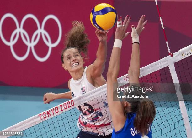 Kelsey Robinson of USA in action during the Women's Group B volleyball match between Russian Olympic Committee and USA held on the Tokyo 2020 Olympic...