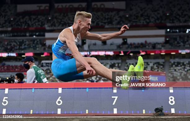 Finland's Kristian Pulli competes in the men's long jump qualification during the Tokyo 2020 Olympic Games at the Olympic Stadium in Tokyo on July...