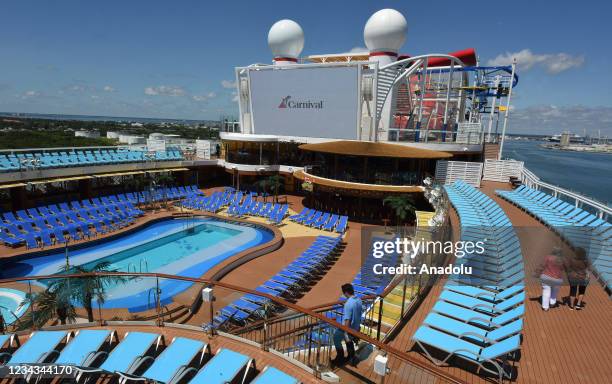 Swimming pool on Carnival Cruise Line ship Mardi Gras is seen during a preview for travel agents and media on July 30, 2021 in Port Canaveral,...