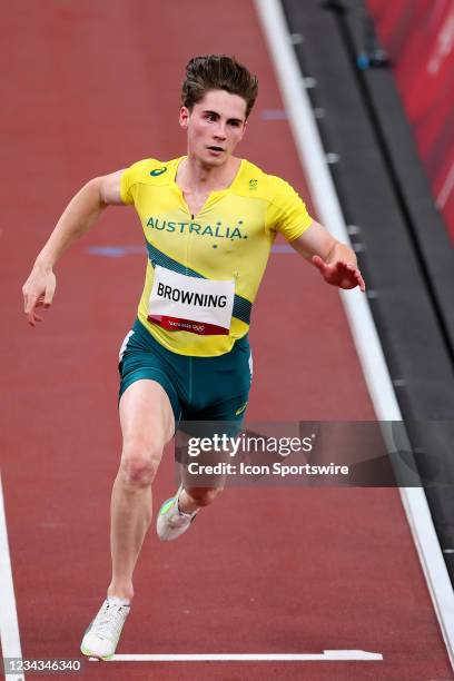 Rohan Browning of Team Australia wins his Men's 100m Heat on Day 8 of the Tokyo 2020 Olympic Games at Olympic Stadium on July 31, 2021 in Tokyo,...