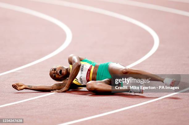 Jamaica's Elaine Thompson-Herah reacts after winning the Women's 100 metres Final at the Olympic Stadium on the eighth day of the Tokyo 2020 Olympic...